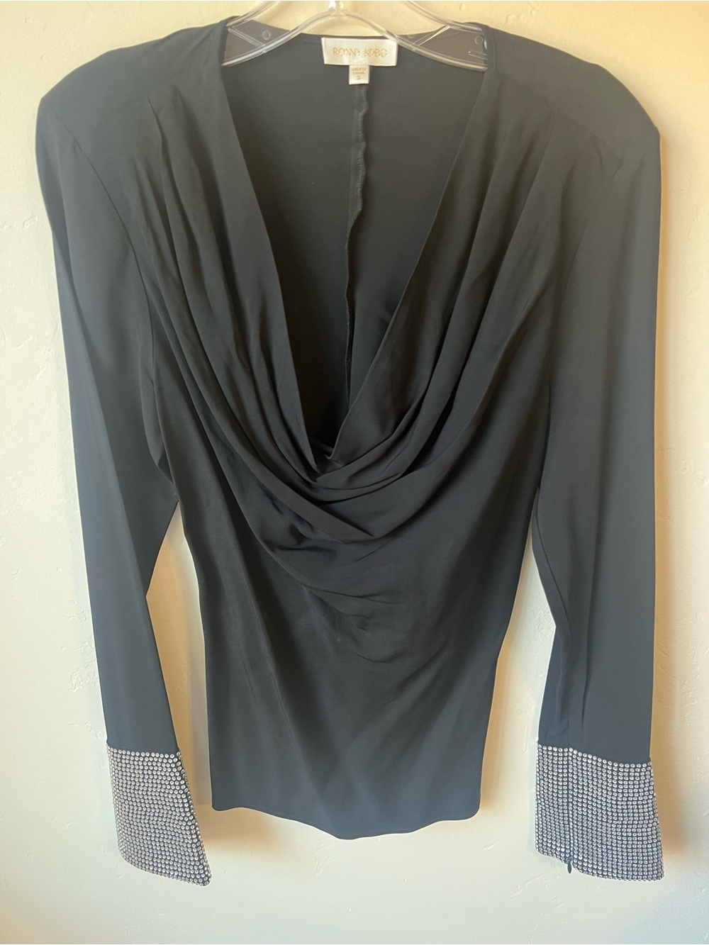 Donna Karan Black Draped Cowl Neck Long Sleeve Top with Rhinestone Cuffs